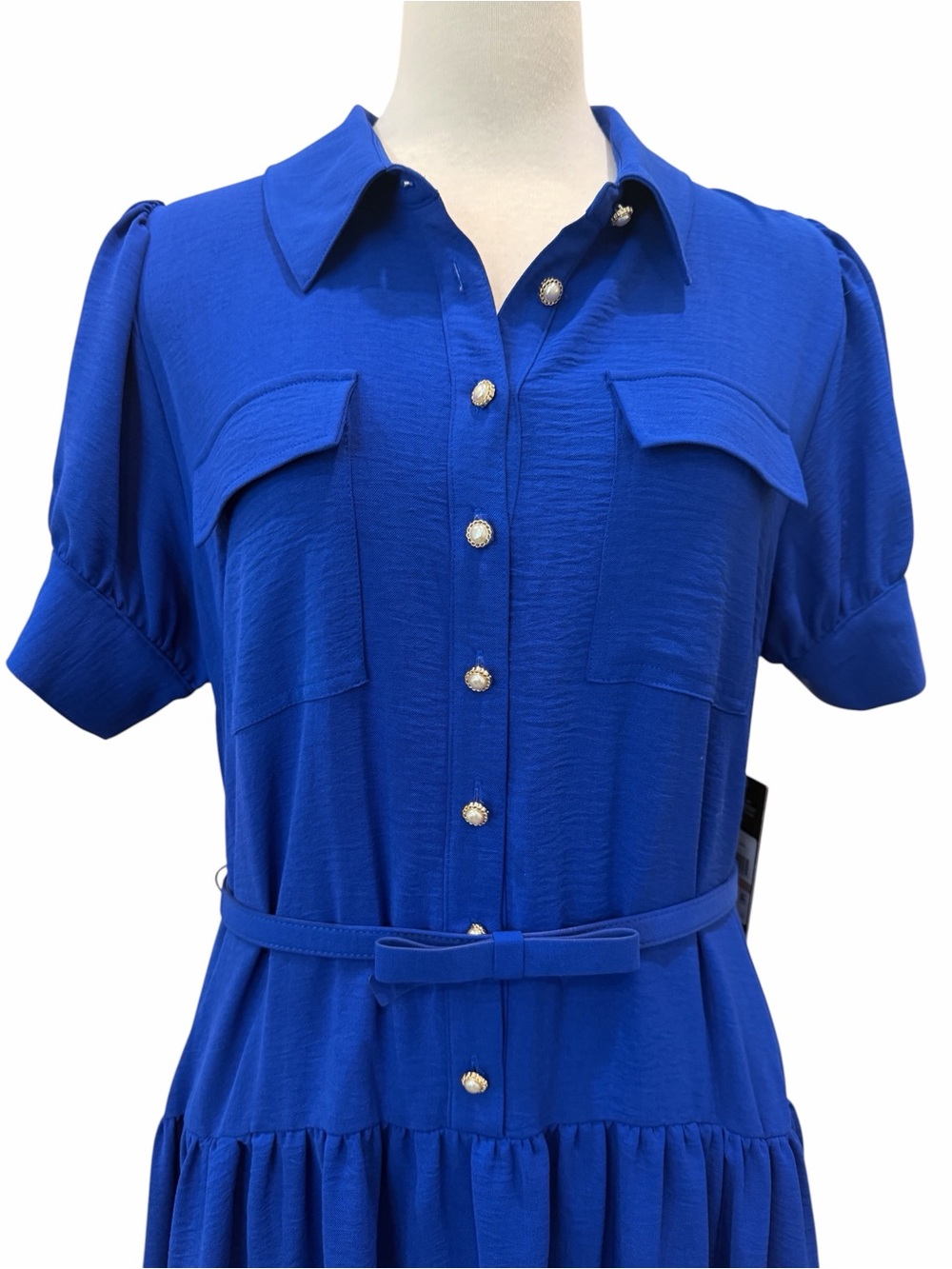 Karl Lagerfeld Belted Midi Shirt Dress Puff Sleeve Pockets Pearl Blue 12 NWT - Picture 4 of 15